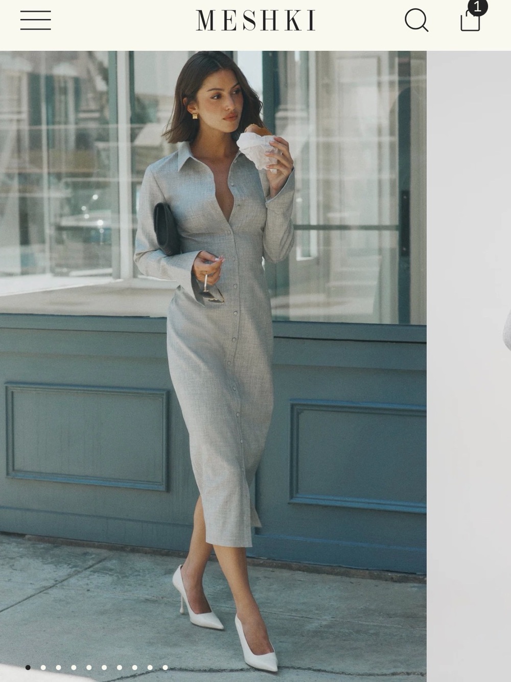 Meshki Long Sleeve Button-Down Midi Dress in Light Gray
